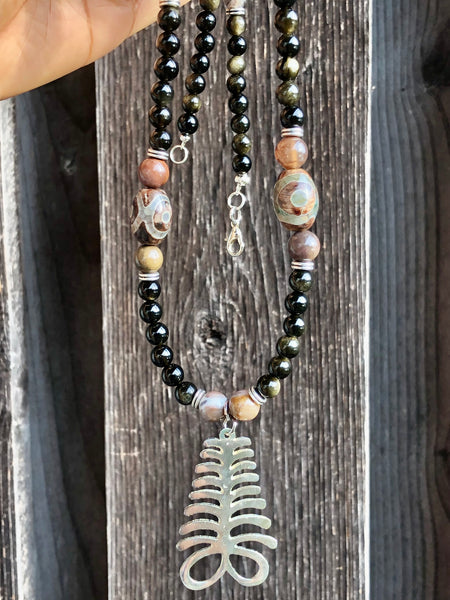 Aya Adinkra pendant necklace with golden Sheen obsidian, petrified wood & DZI agate