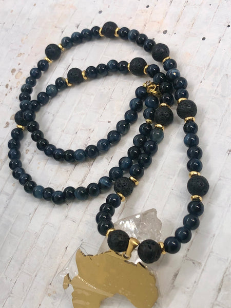 18k gold plated AFRICA pendant & 6mm blue tiger eye & lava beads