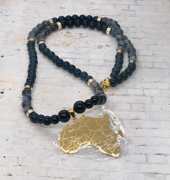 18k gold plated AFRICA pendant with Black labradorite & Onyx