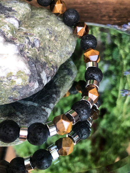 Faceted tiger eye & lava beads