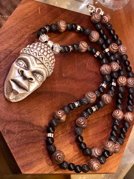 Silver African mask with matte black onyx & lava beads
