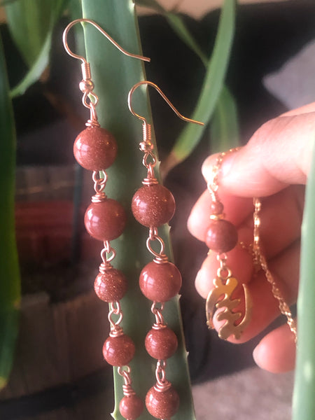 Gold Sandstone long earrings and Adinkra charm pendant