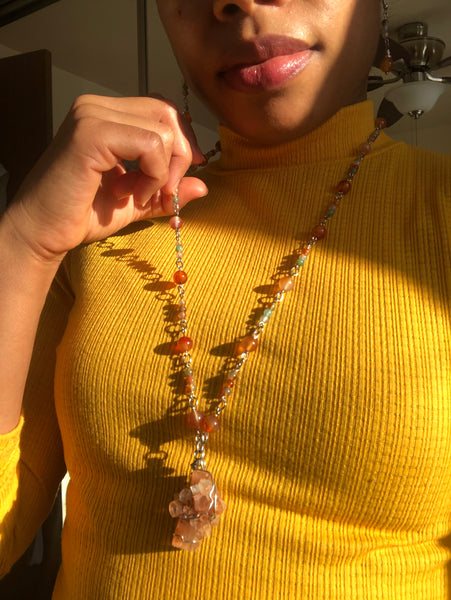 Carnelian & Peacock Agate necklace/ earrings with a Raw Aragorite Pendant (Set)