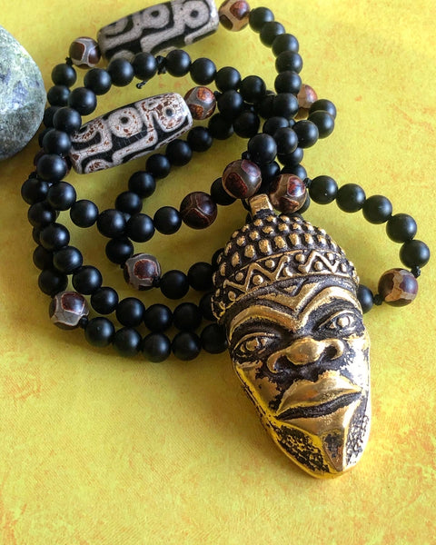 Black Onyx, Dzi agate Mala with African mask pendant