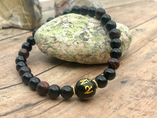 6mm Black Onyx with a 10mm Om Mani Padme Hum Natural Black Agate bead Tibetan Gold Plating Delicately Carved Mantra
