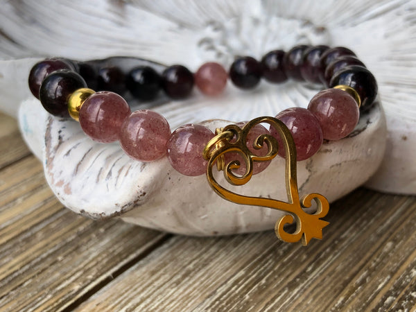 Strawberry Quartz, Garnet & Sankofa charm