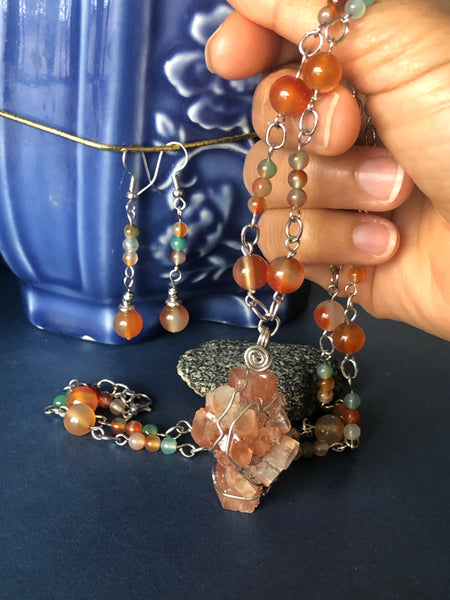 Carnelian & Peacock Agate necklace/ earrings with a Raw Aragorite Pendant (Set)