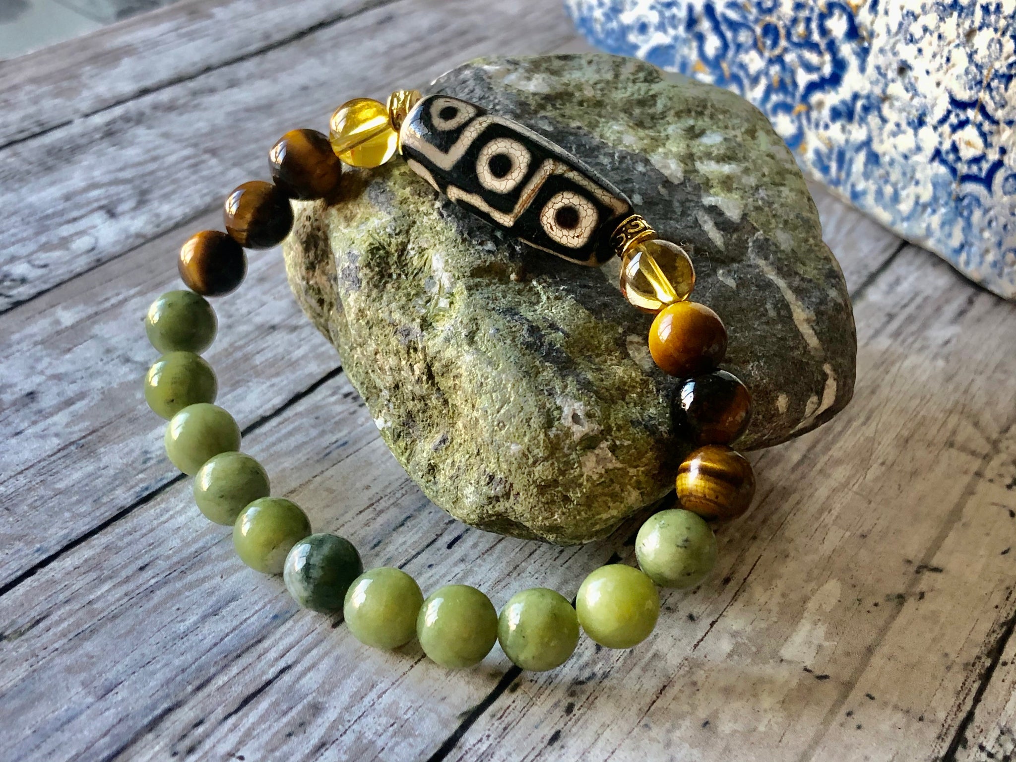 Green Jade, Tiger eye, Citrine & DZI agate 8mm