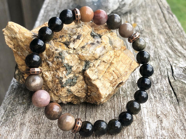 Petrified wood and golden sheen obsidian