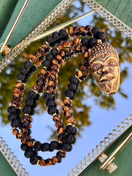 Lava beads necklace with 24k gold plated tribal mask