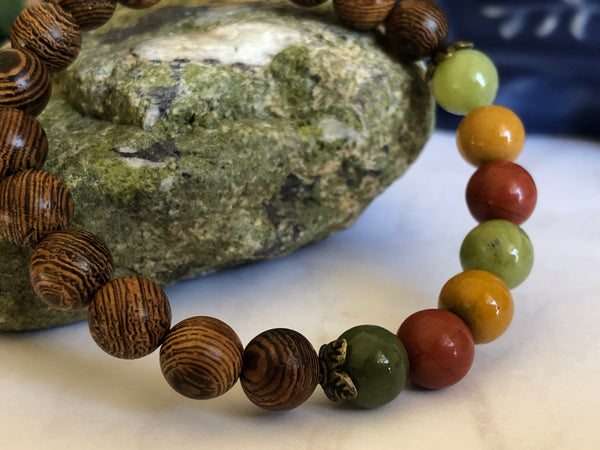 Wooden beads, red Jasper Green & yellow Jade 8mm