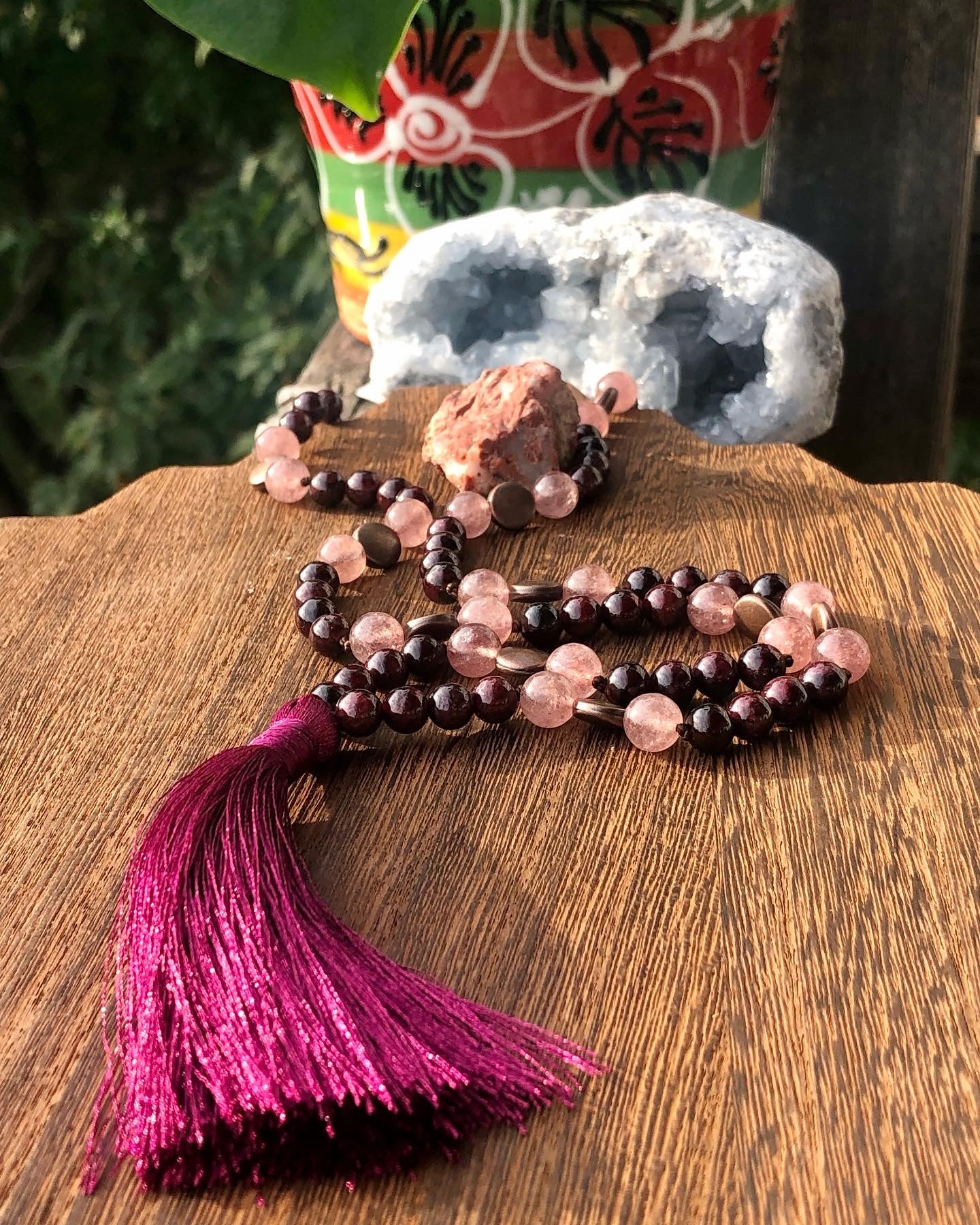 Strawberry quartz & red garnet mala