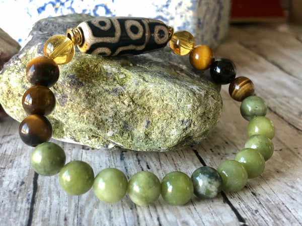 Green Jade, Tiger eye, Citrine & DZI agate 8mm