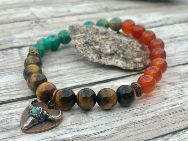 Tiger eye, carnelian, and imperial green jasper 8mm