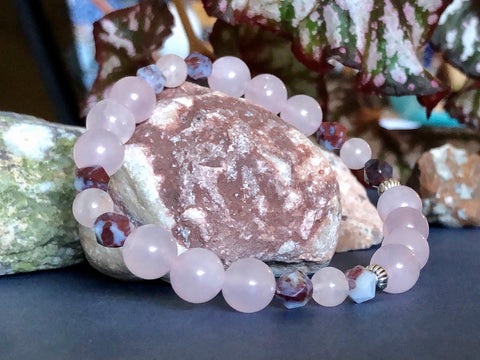 8mm Rose Quartz & 6mm Diamond cut lightening Agate Garnet Bracelet