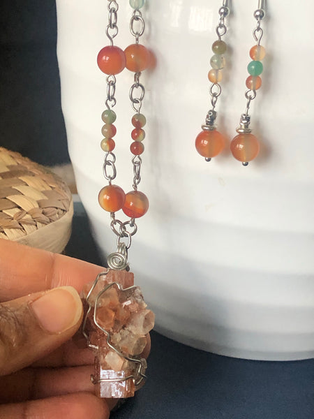Carnelian & Peacock Agate necklace/ earrings with a Raw Aragorite Pendant (Set)