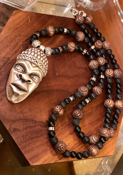 Silver African mask with matte black onyx & lava beads
