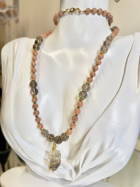 Peach moonstone and smoky quartz necklace