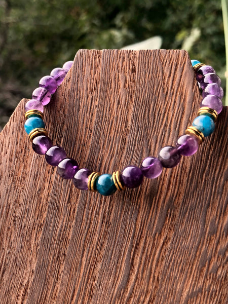 Gye Nyame Adinkra pendant with Blue Apatite & Amethyst mala