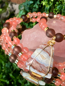 Pink tourmaline, glass beads and crazy lace agate pendant