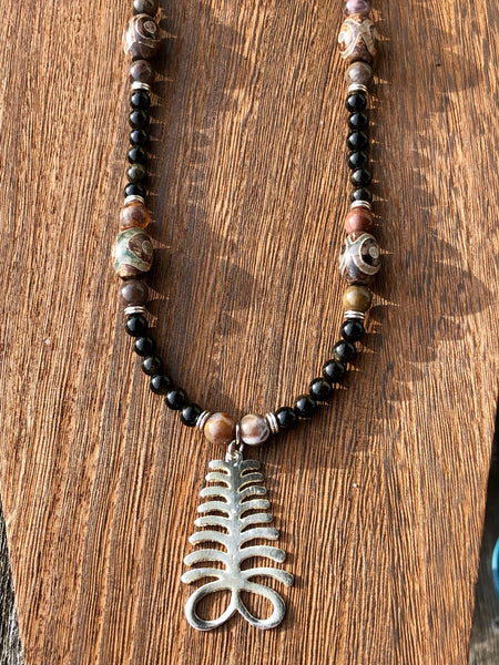 Aya Adinkra pendant necklace with golden Sheen obsidian, petrified wood & DZI agate