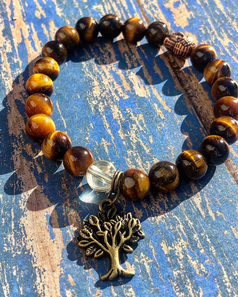 Tiger Eye, citrine, or selenite, and Tree of life charm 8mm