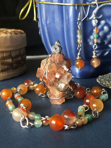 Carnelian & Peacock Agate necklace/ earrings with a Raw Aragorite Pendant (Set)