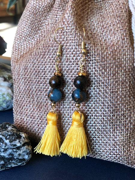 Earrings mosaic agate & yellow tassel