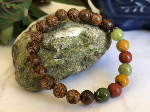 Wooden beads, red Jasper Green & yellow Jade 8mm