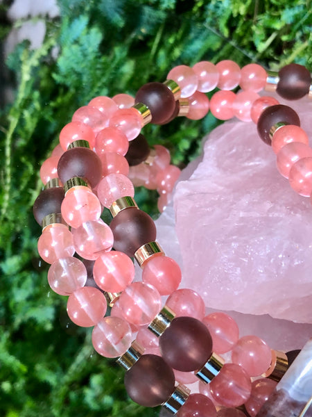 Pink tourmaline, glass beads and crazy lace agate pendant