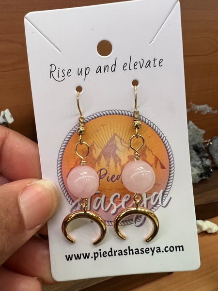 Rose quartz moon earrings