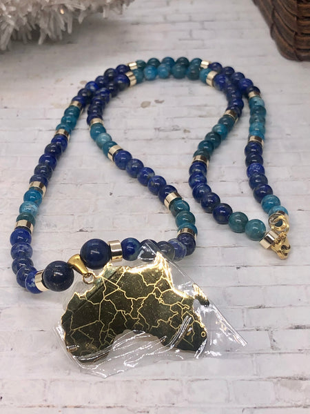 18k gold plated AFRICA pendant with blue Apatite & lapis lazuli