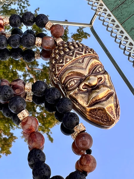 Lava beads necklace with 24k gold plated tribal mask
