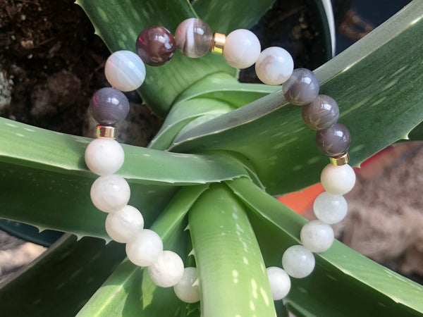 White Moonstone & Botswana Agate necklace/bracelet with raw Selenite pendant