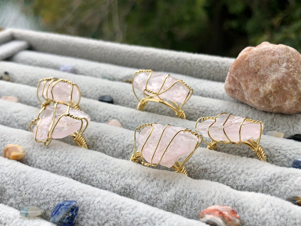 Wired wrapped rough stone rings