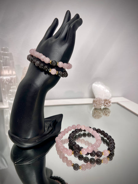 Obsidian and rose quartz couple set